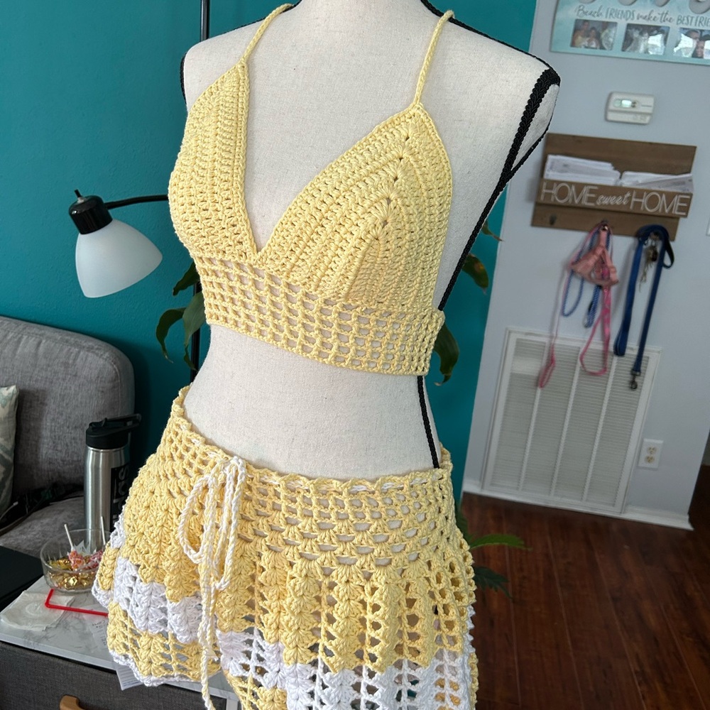 Yellow Crochet Halter Top and Skirt Set